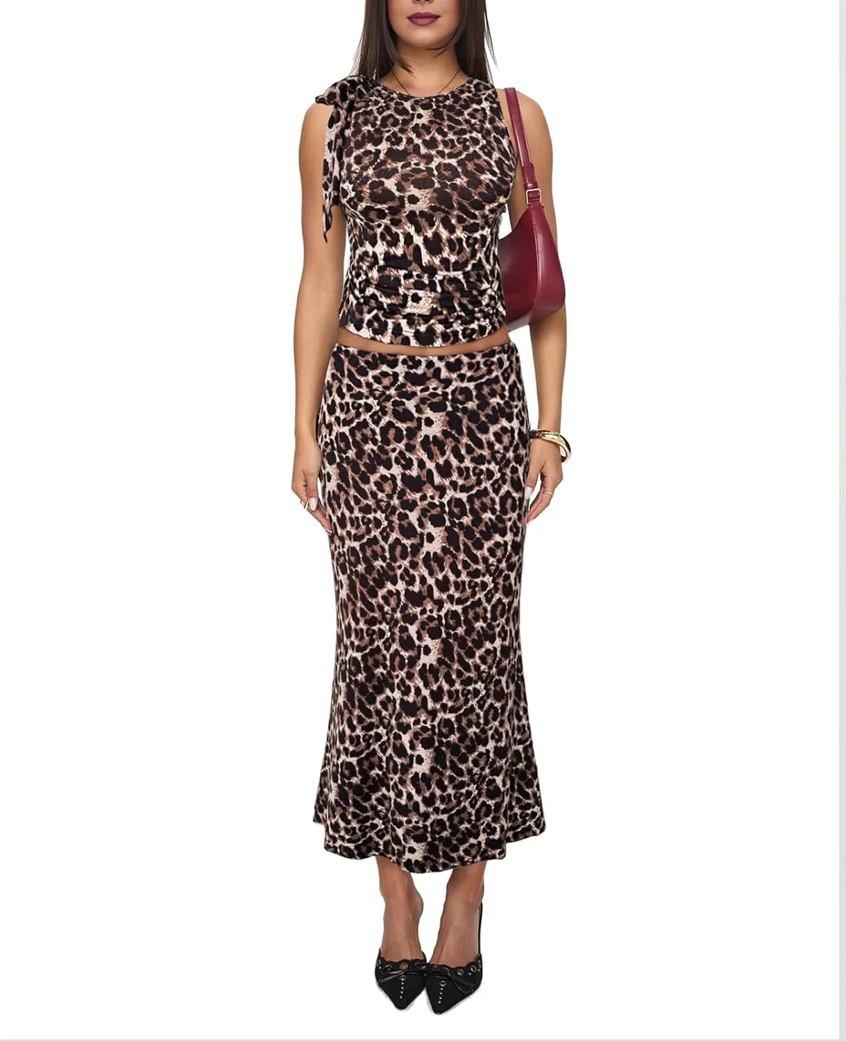 2 Piece Sets for Women Y2k Going Out Ruffle Trim Ruched Tank Top And High Waist Maxi Long Skirt Set Club Dress