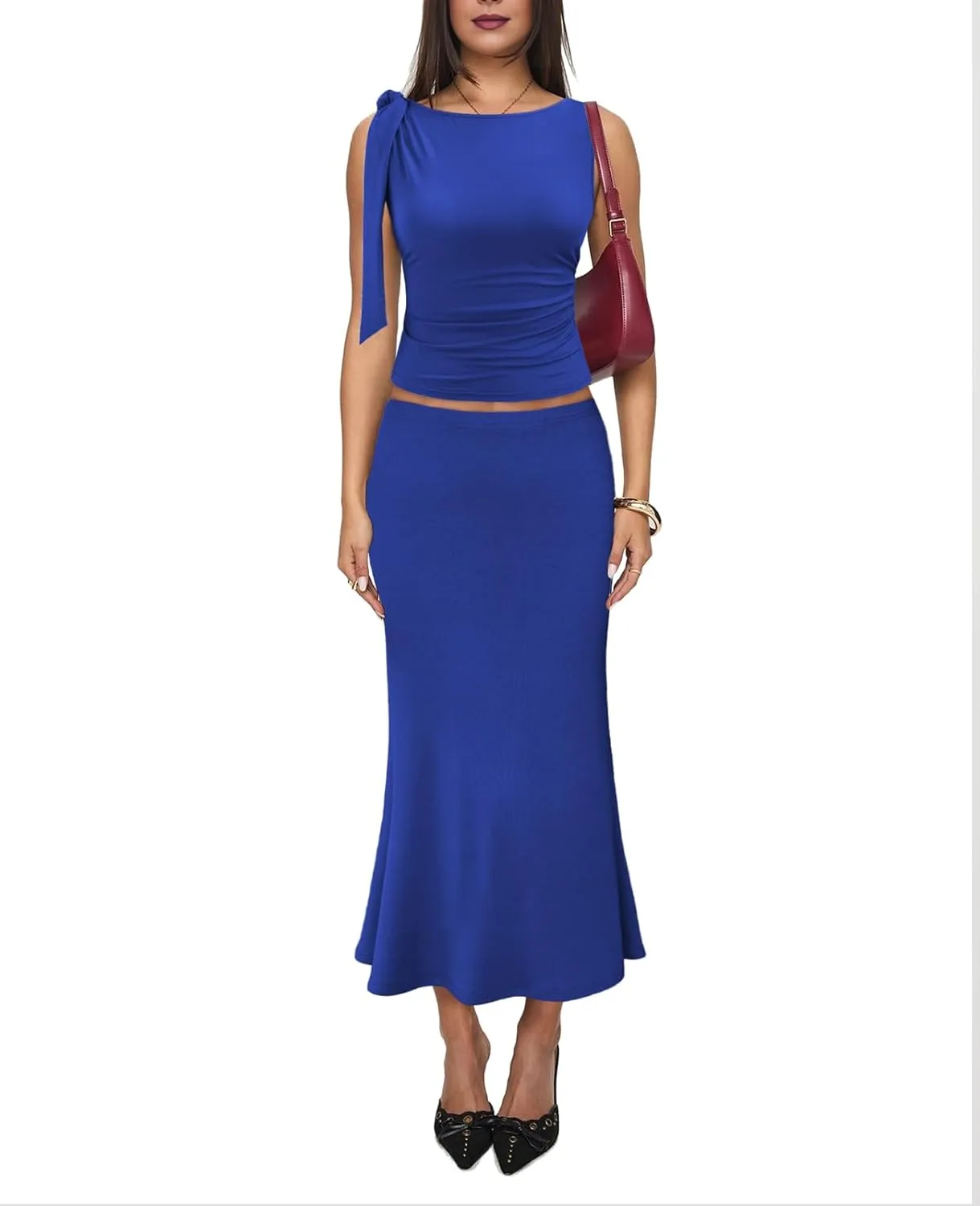 2 Piece Sets for Women Y2k Going Out Ruffle Trim Ruched Tank Top And High Waist Maxi Long Skirt Set Club Dress