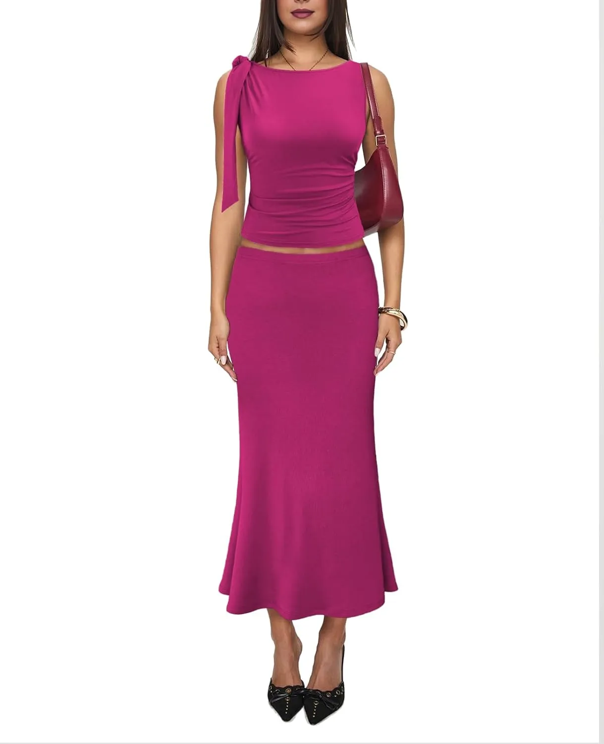 2 Piece Sets for Women Y2k Going Out Ruffle Trim Ruched Tank Top And High Waist Maxi Long Skirt Set Club Dress