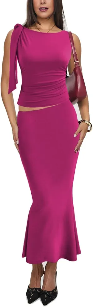 2 Piece Sets for Women Y2k Going Out Ruffle Trim Ruched Tank Top And High Waist Maxi Long Skirt Set Club Dress