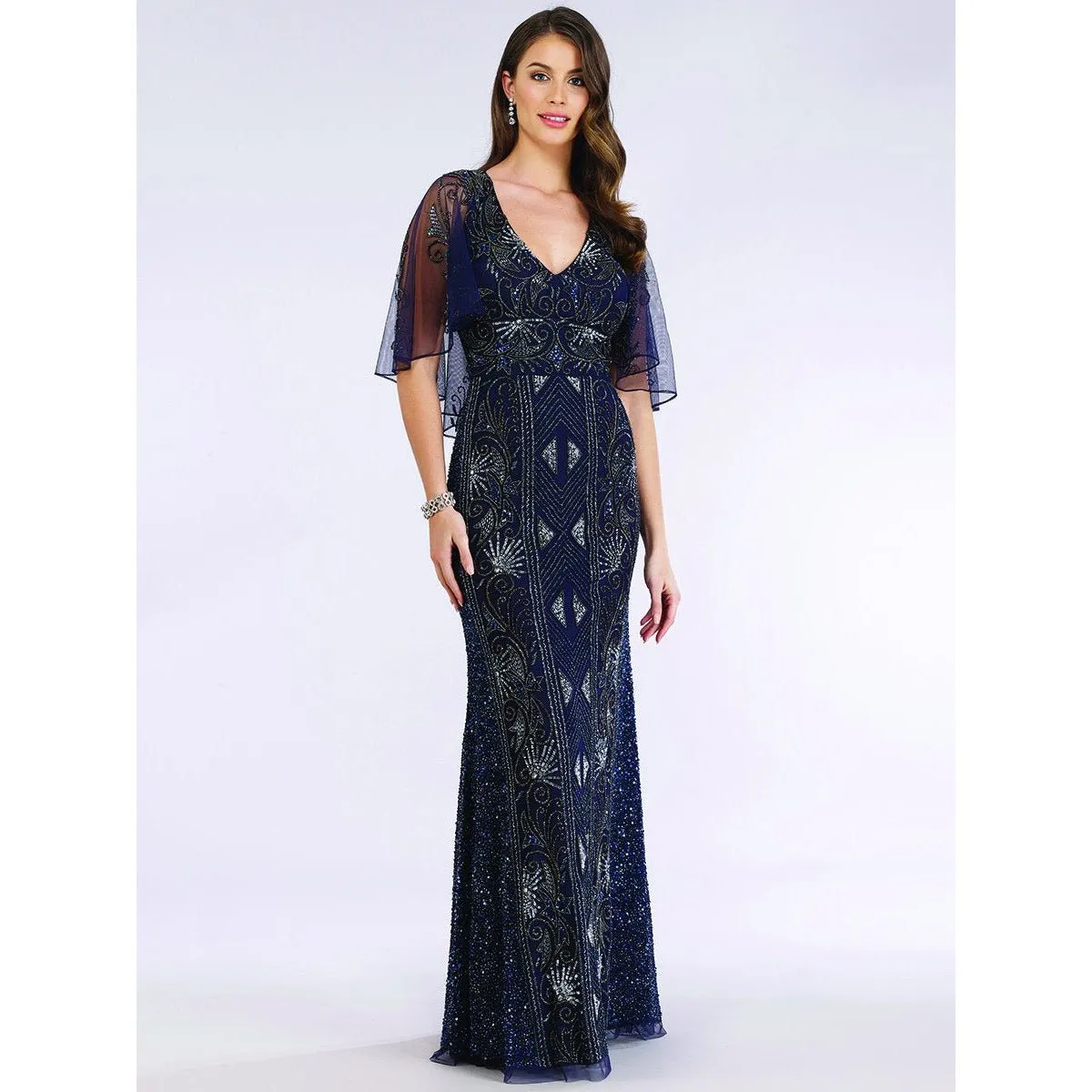 29393 - Cape Sleeve Beaded Gown