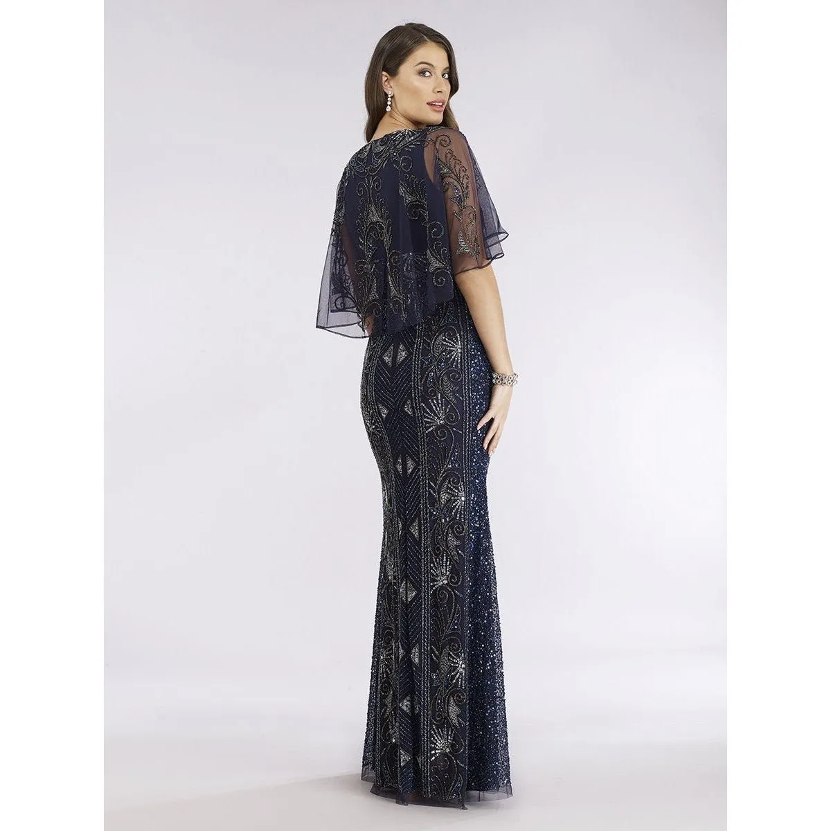 29393 - Cape Sleeve Beaded Gown