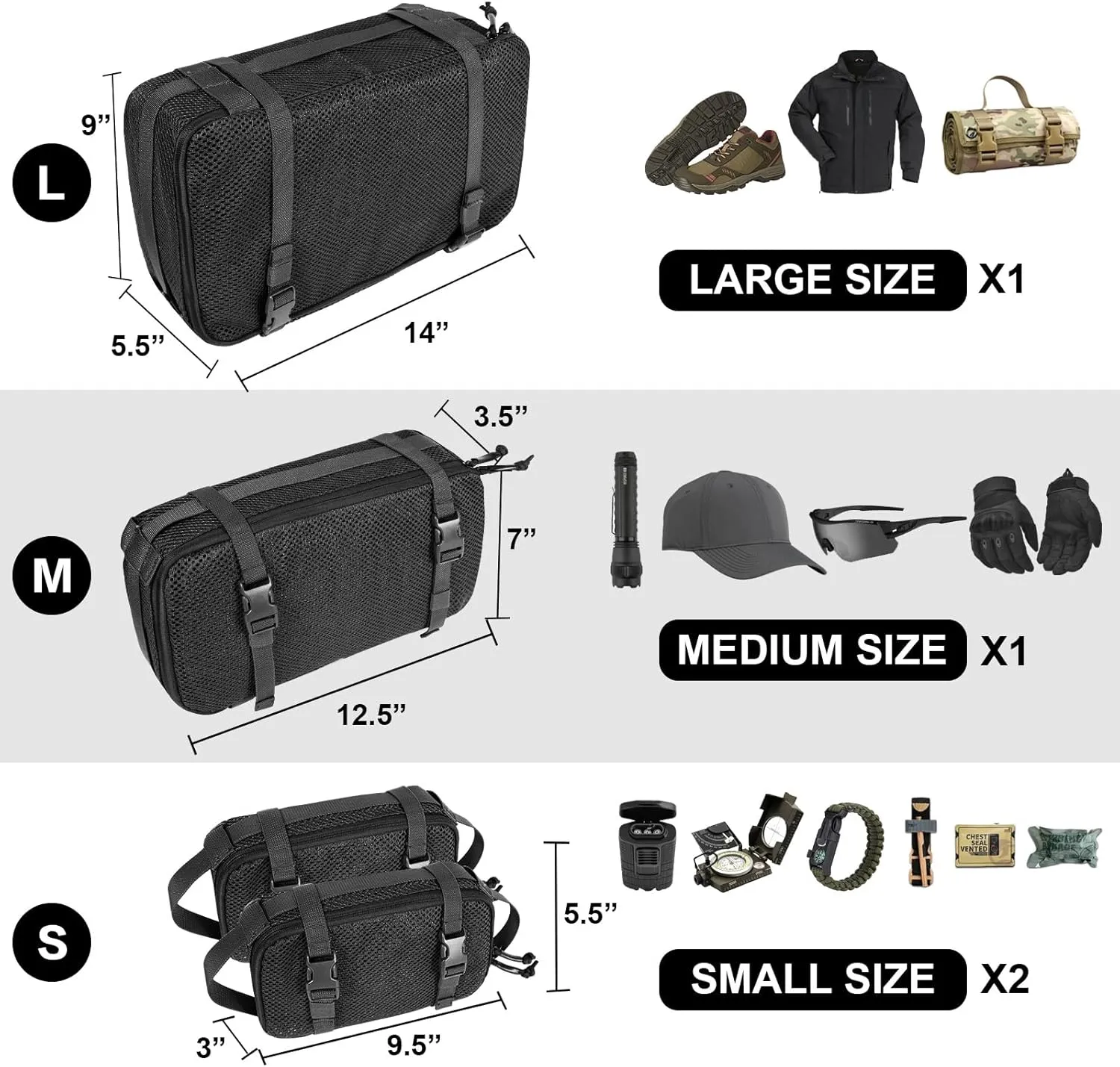 4 Set Tactical Packing Cubes Compressible Mesh Duffle Storage Bag,Portable Edc Molle Pouch Organizer.