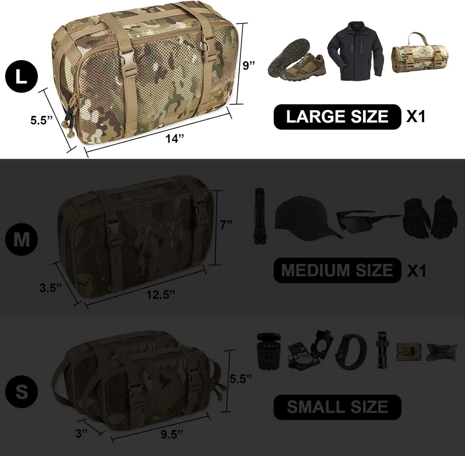 4 Set Tactical Packing Cubes Compressible Mesh Duffle Storage Bag,Portable Edc Molle Pouch Organizer.