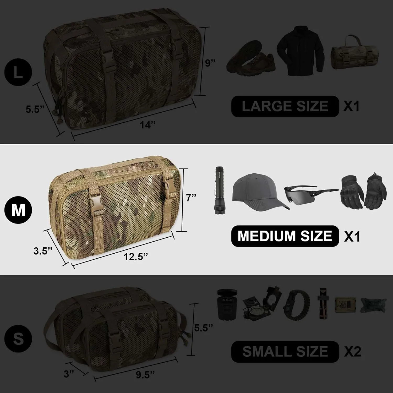4 Set Tactical Packing Cubes Compressible Mesh Duffle Storage Bag,Portable Edc Molle Pouch Organizer.