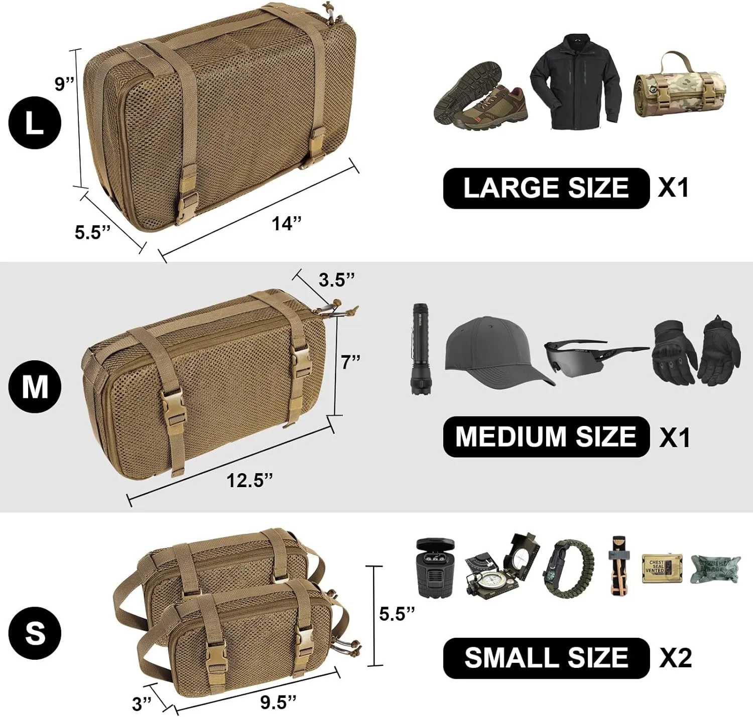 4 Set Tactical Packing Cubes Compressible Mesh Duffle Storage Bag,Portable Edc Molle Pouch Organizer.