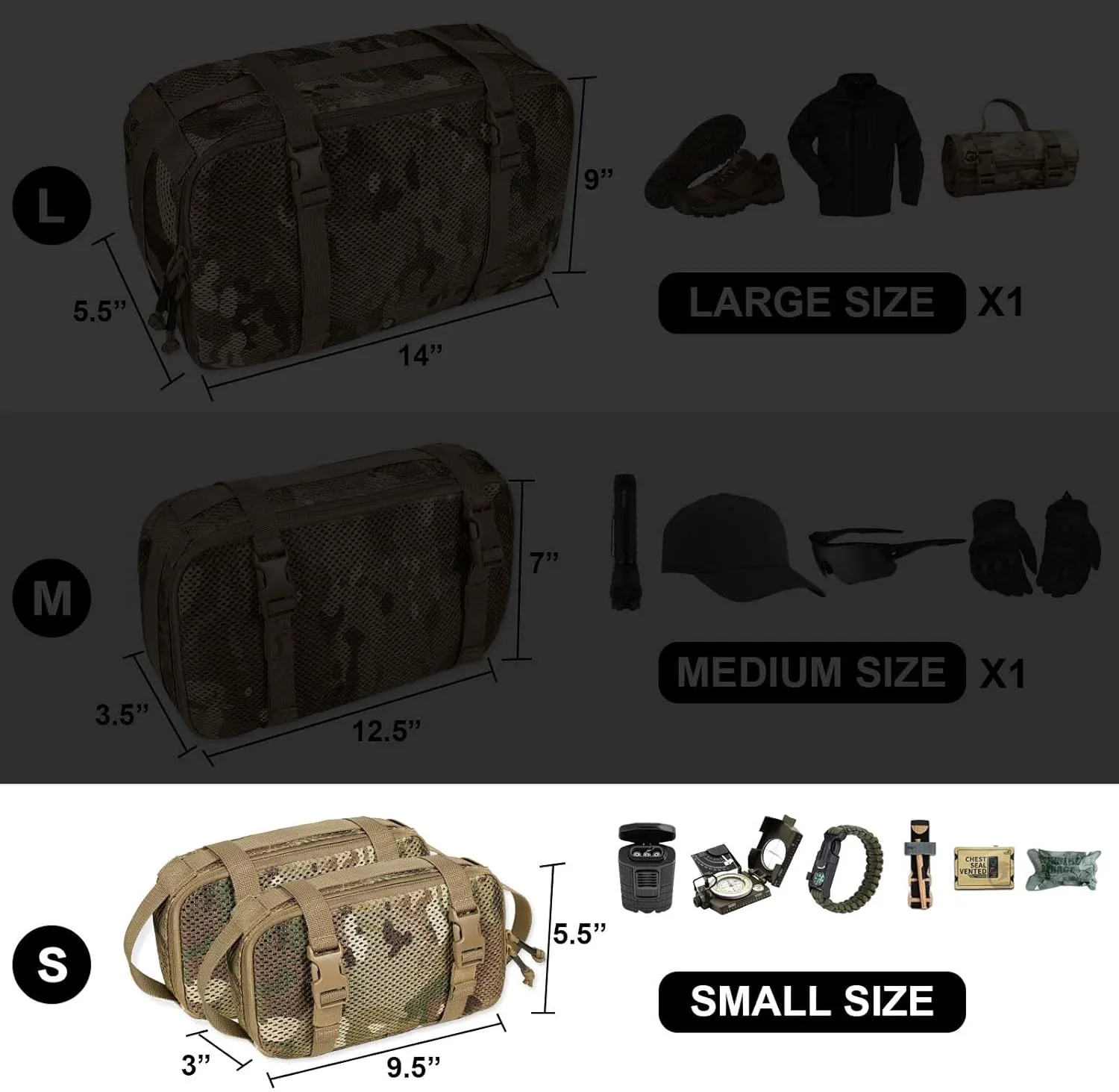 4 Set Tactical Packing Cubes Compressible Mesh Duffle Storage Bag,Portable Edc Molle Pouch Organizer.