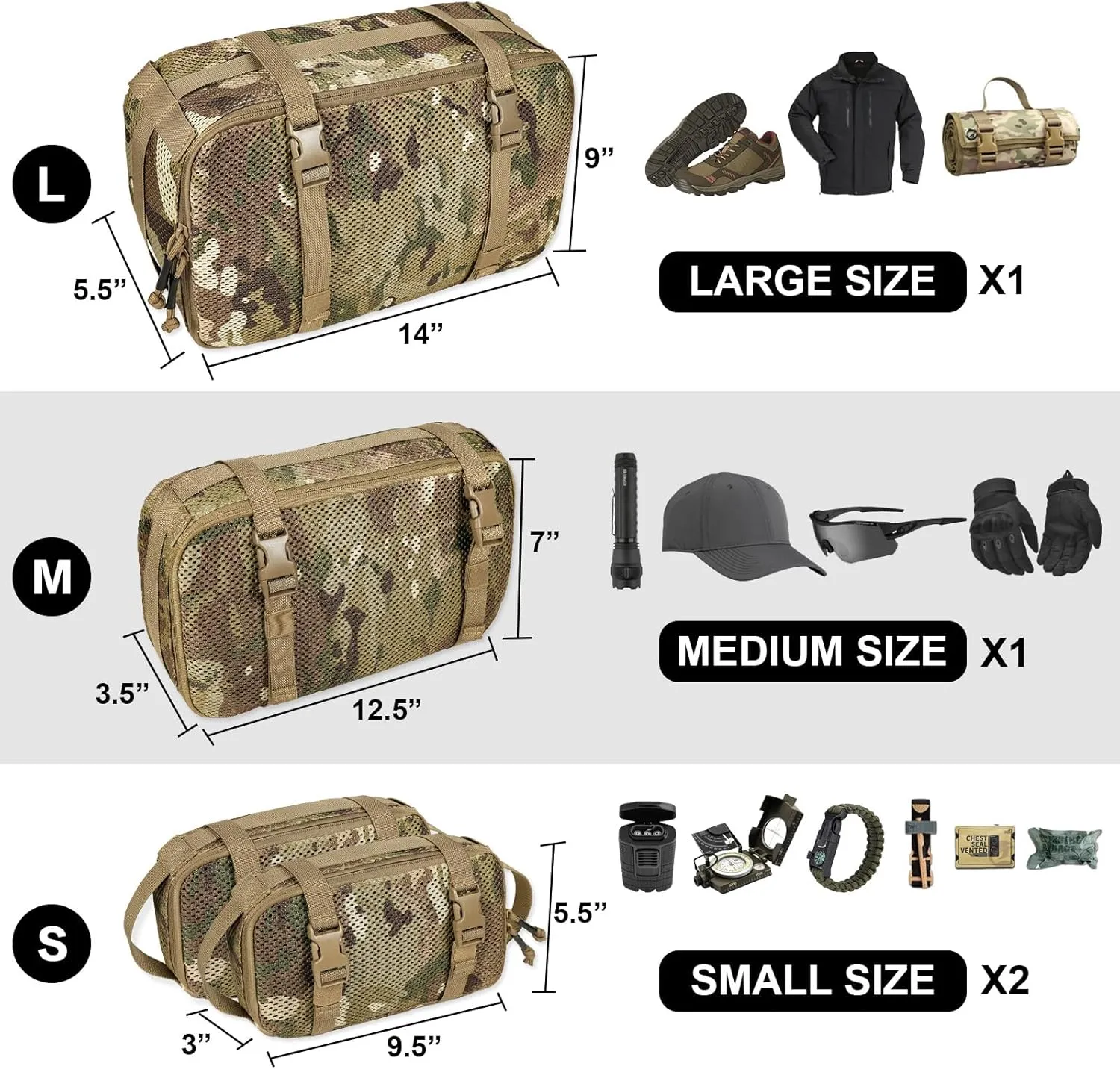 4 Set Tactical Packing Cubes Compressible Mesh Duffle Storage Bag,Portable Edc Molle Pouch Organizer.