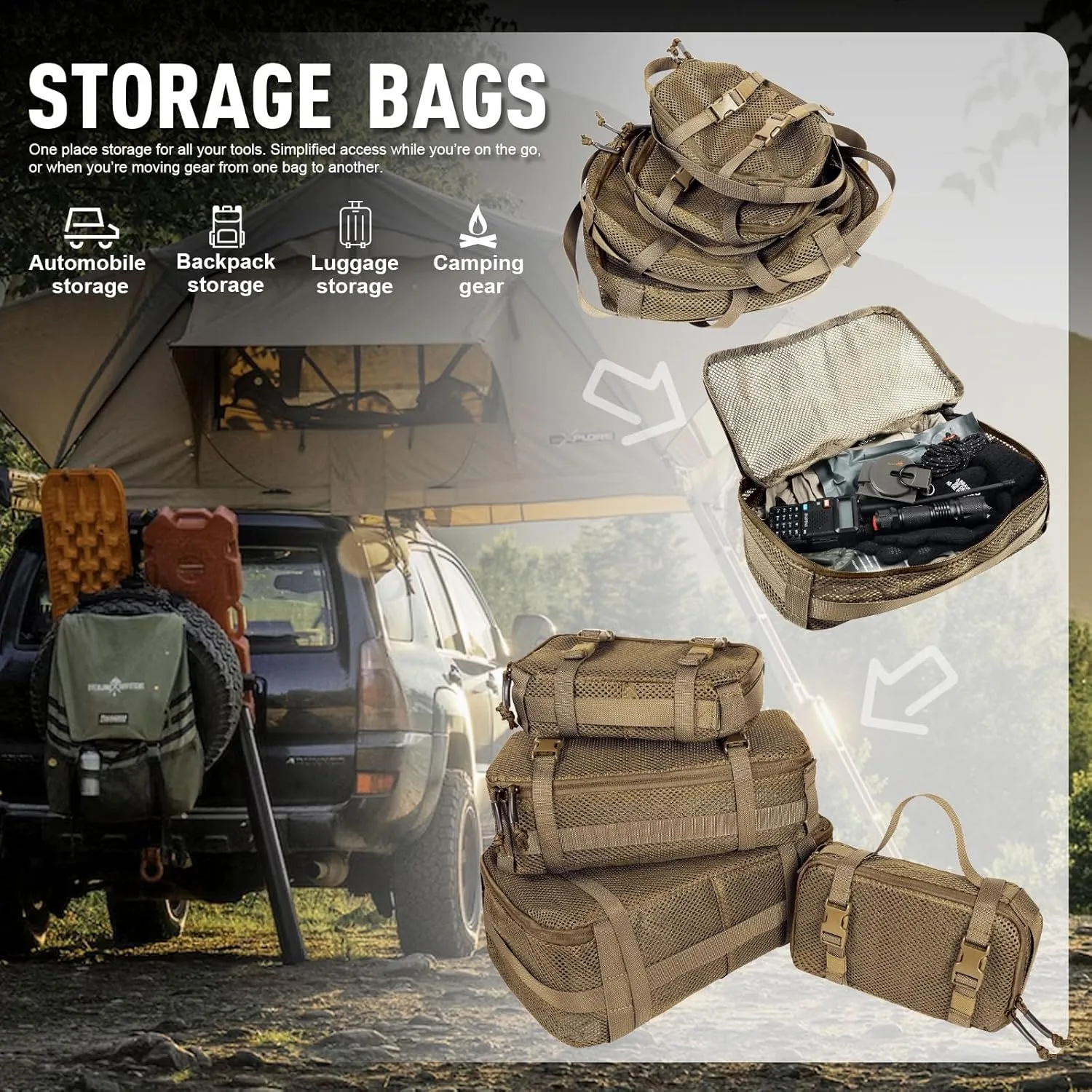 4 Set Tactical Packing Cubes Compressible Mesh Duffle Storage Bag,Portable Edc Molle Pouch Organizer.