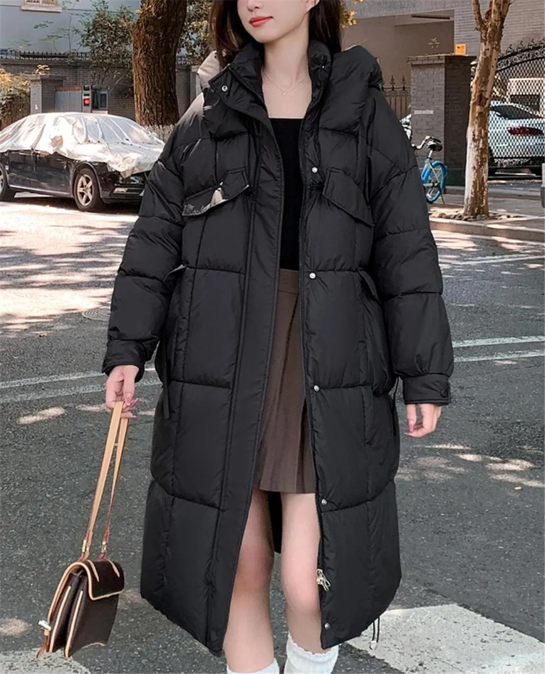 Adhdyuud Women Parkas Mid Long Down Cotton Coat Thicken Hooded Cotton Padded Loose Warm Windbreak Jacket