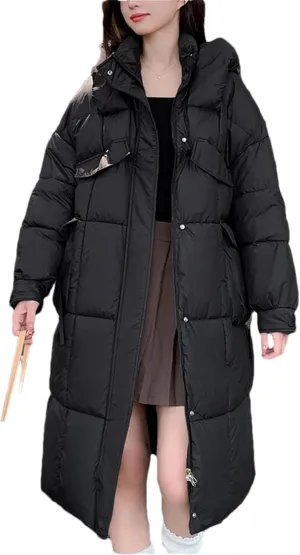 Adhdyuud Women Parkas Mid Long Down Cotton Coat Thicken Hooded Cotton Padded Loose Warm Windbreak Jacket