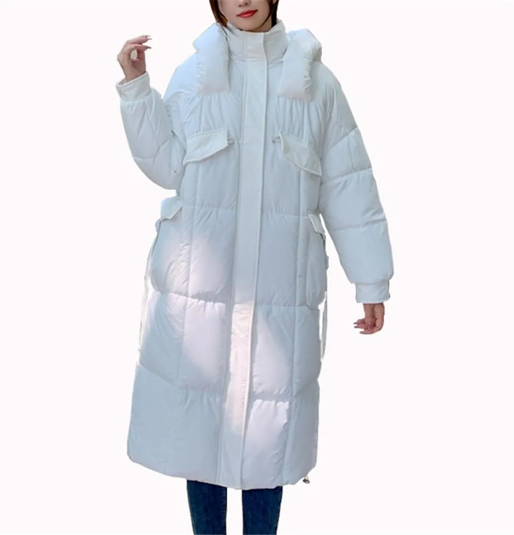 Adhdyuud Women Parkas Mid Long Down Cotton Coat Thicken Hooded Cotton Padded Loose Warm Windbreak Jacket