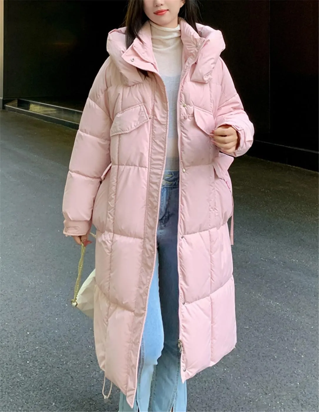 Adhdyuud Women Parkas Mid Long Down Cotton Coat Thicken Hooded Cotton Padded Loose Warm Windbreak Jacket