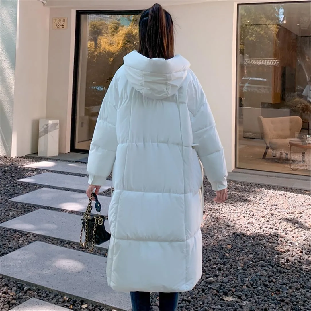 Adhdyuud Women Parkas Mid Long Down Cotton Coat Thicken Hooded Cotton Padded Loose Warm Windbreak Jacket