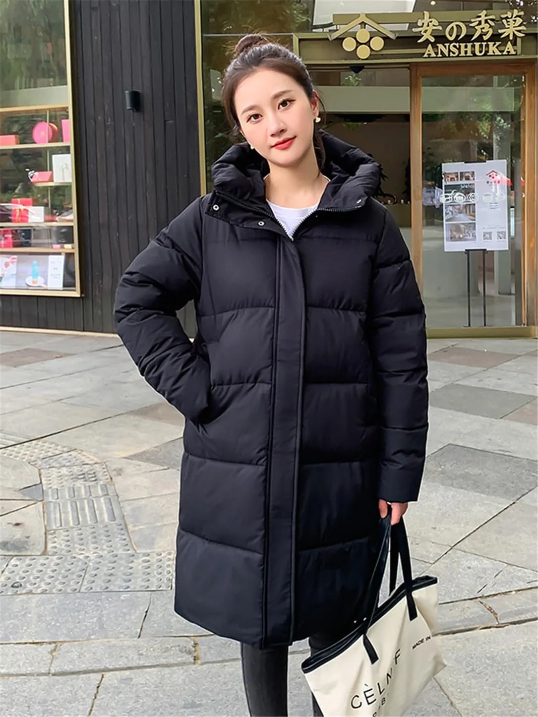 Adhdyuud Women Winter Long Hooded Parkas Puffer Jacket Cotton Padded Parka Coat Jacket Warm Outwear