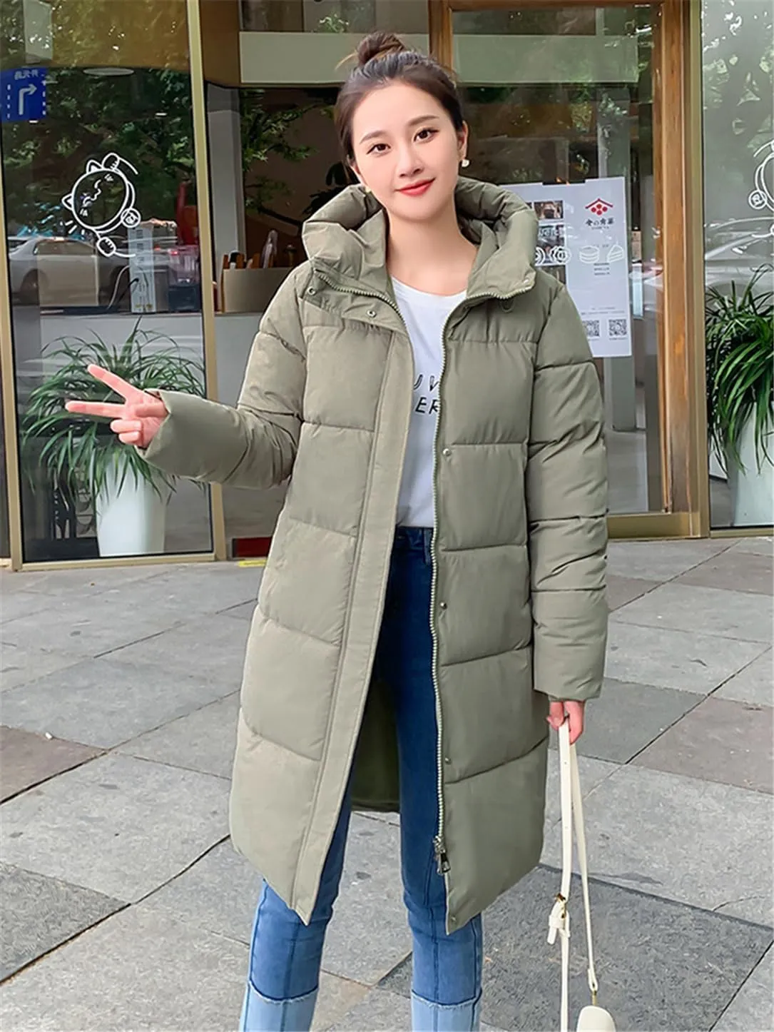 Adhdyuud Women Winter Long Hooded Parkas Puffer Jacket Cotton Padded Parka Coat Jacket Warm Outwear