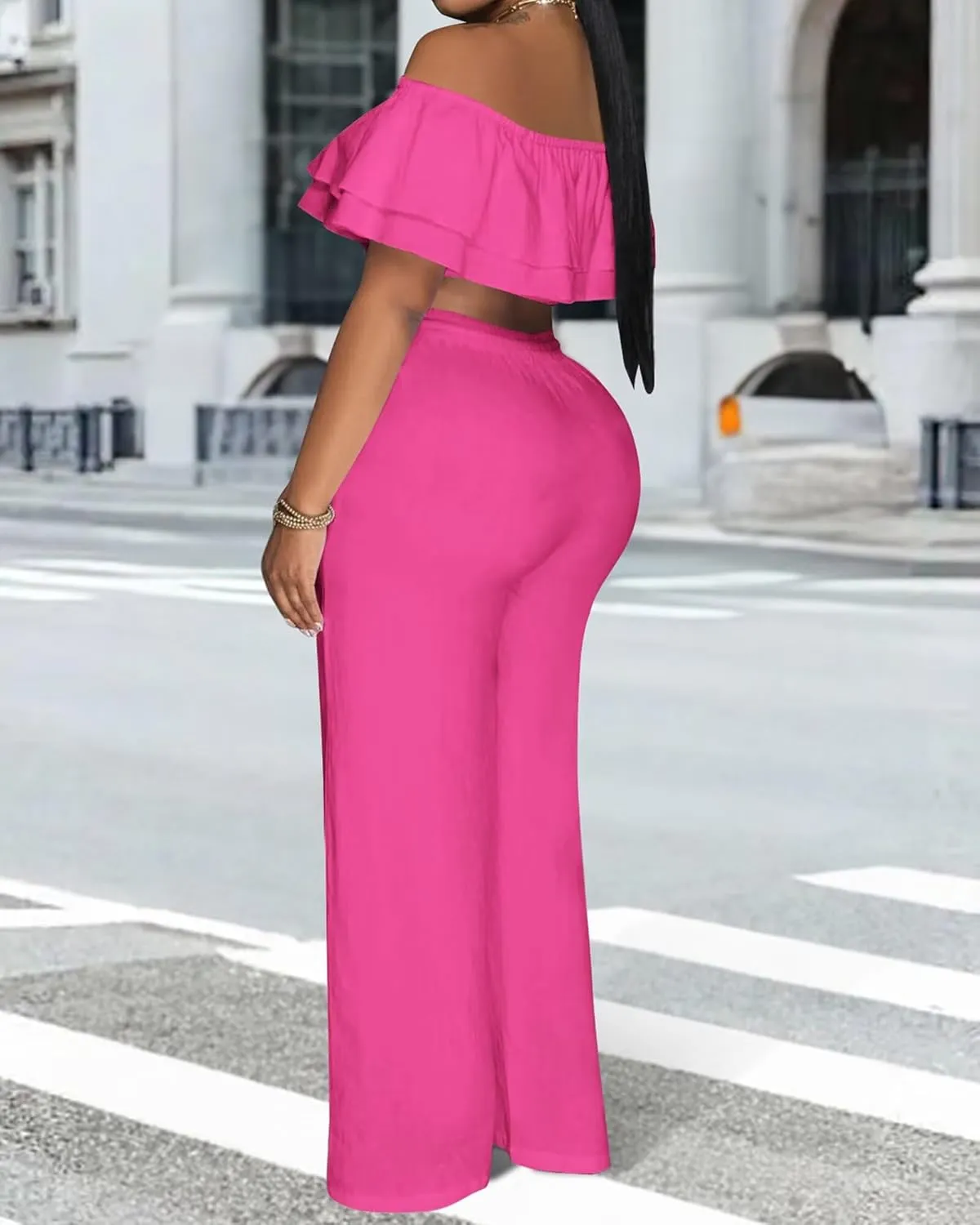Adogirl 2 Piece Outfits For Women Off Shoulder Ruffle Trim Short Sleeve Top Wide Leg Pants Sets Sexy Outfits