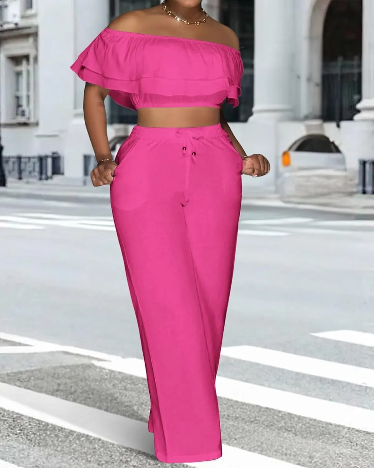 Adogirl 2 Piece Outfits For Women Off Shoulder Ruffle Trim Short Sleeve Top Wide Leg Pants Sets Sexy Outfits