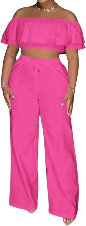 Adogirl 2 Piece Outfits For Women Off Shoulder Ruffle Trim Short Sleeve Top Wide Leg Pants Sets Sexy Outfits