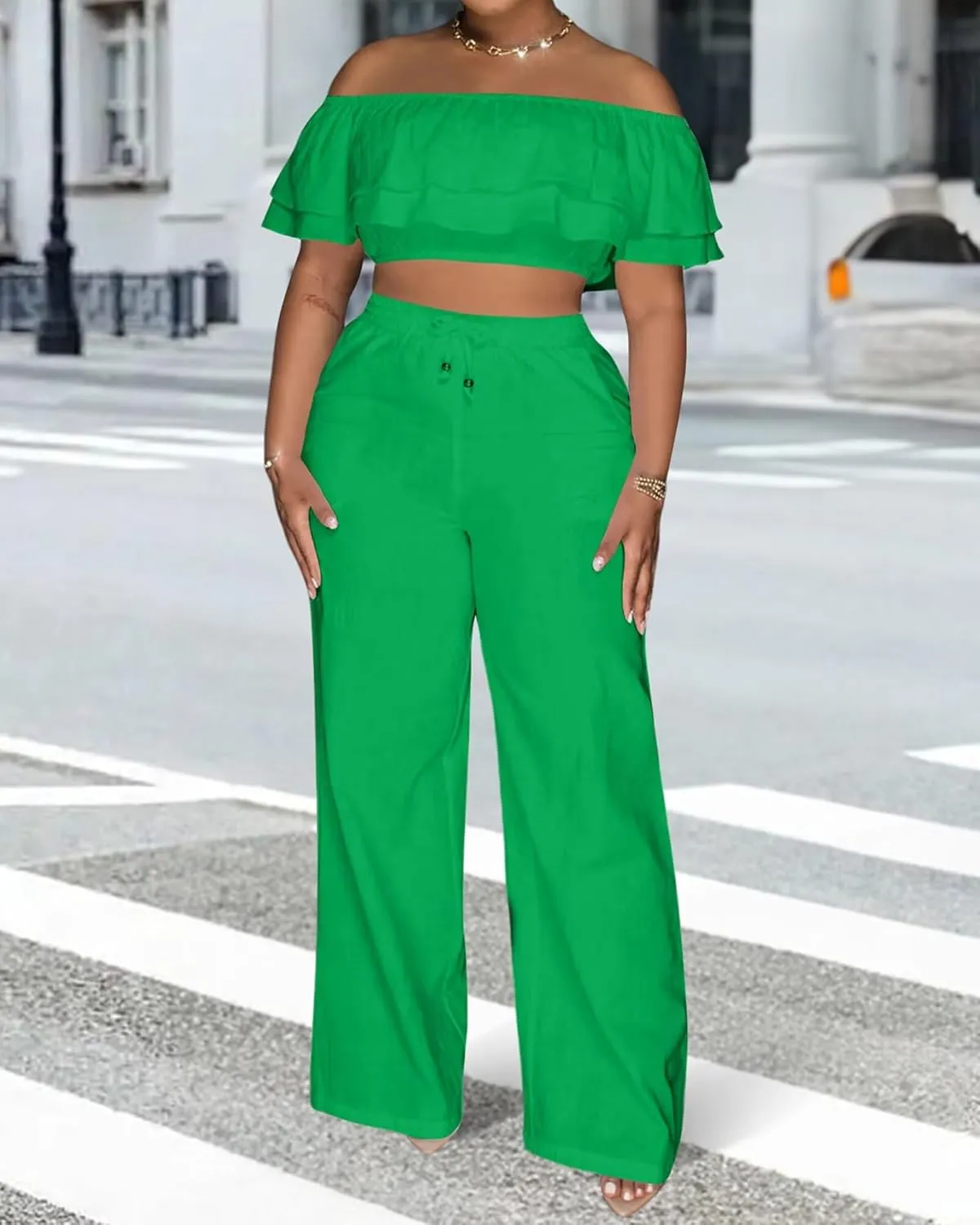 Adogirl 2 Piece Outfits For Women Off Shoulder Ruffle Trim Short Sleeve Top Wide Leg Pants Sets Sexy Outfits