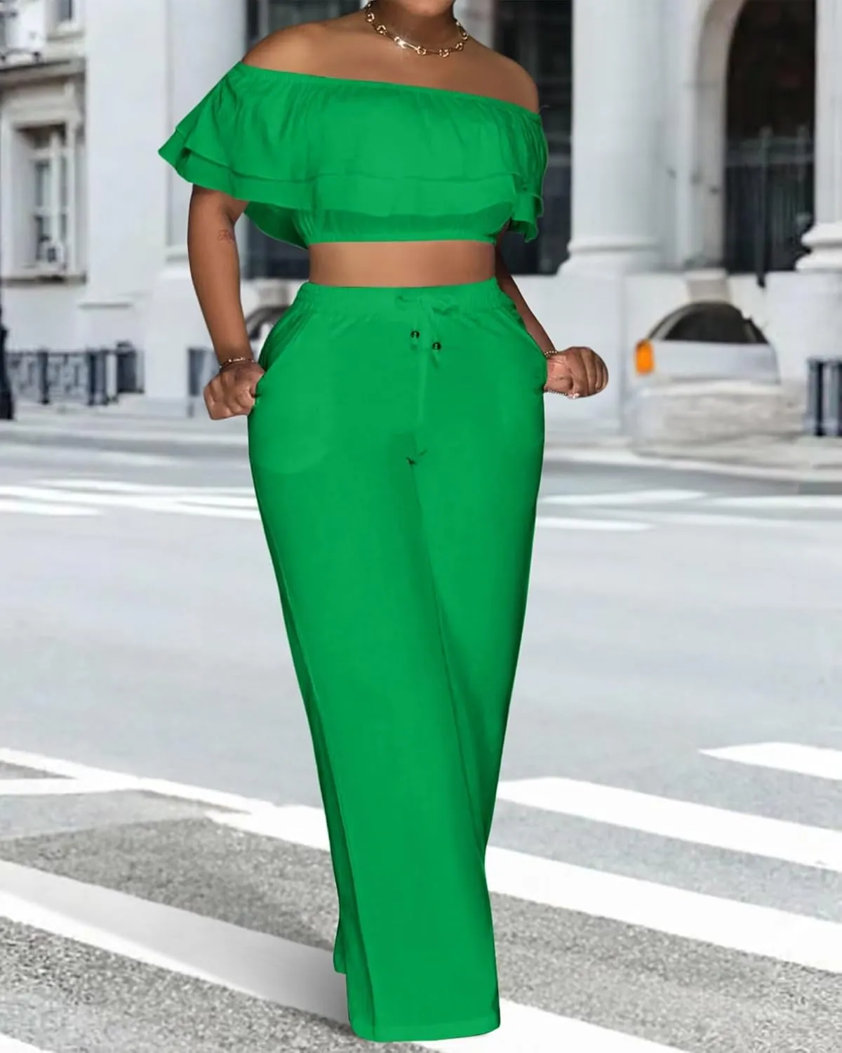 Adogirl 2 Piece Outfits For Women Off Shoulder Ruffle Trim Short Sleeve Top Wide Leg Pants Sets Sexy Outfits