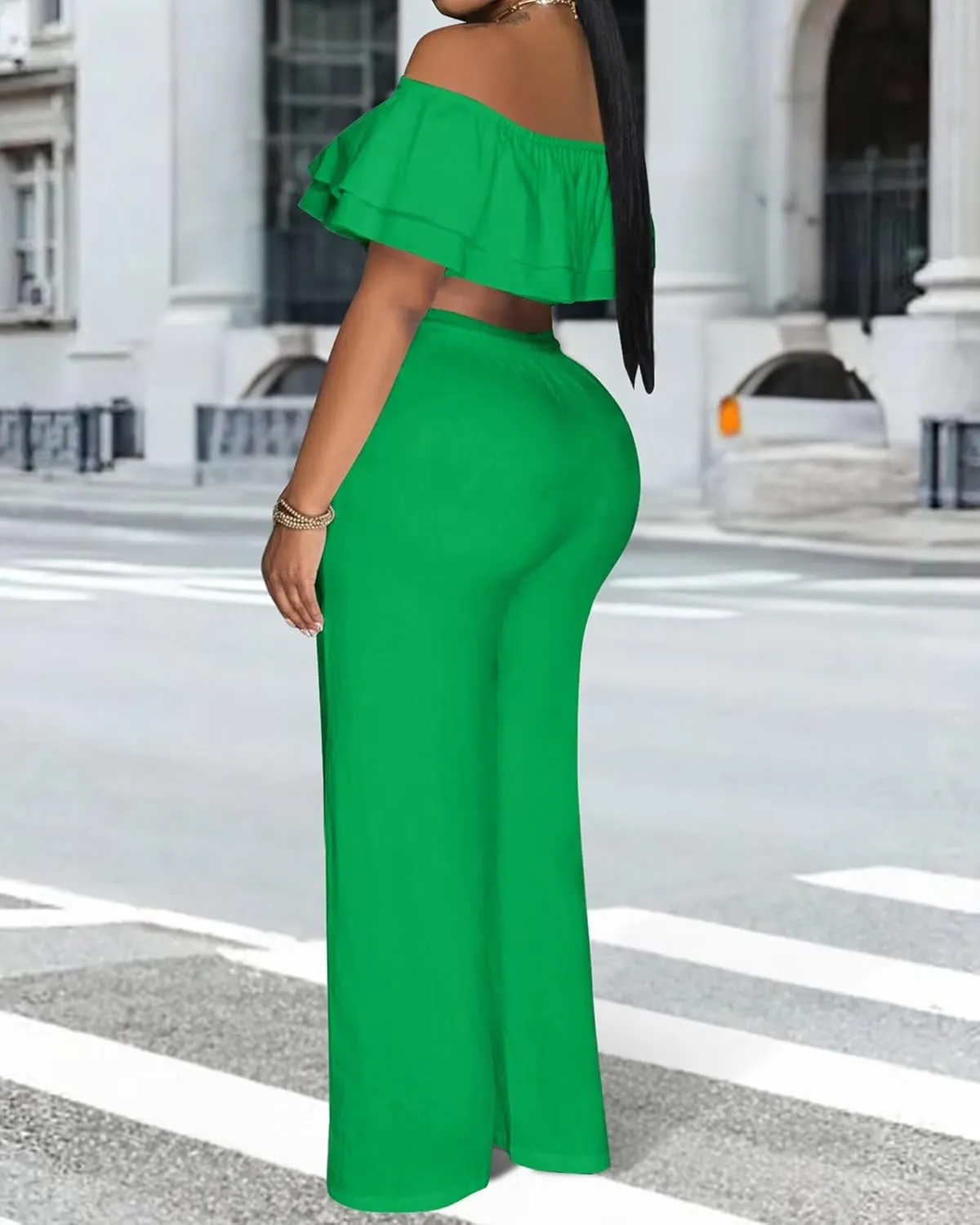 Adogirl 2 Piece Outfits For Women Off Shoulder Ruffle Trim Short Sleeve Top Wide Leg Pants Sets Sexy Outfits
