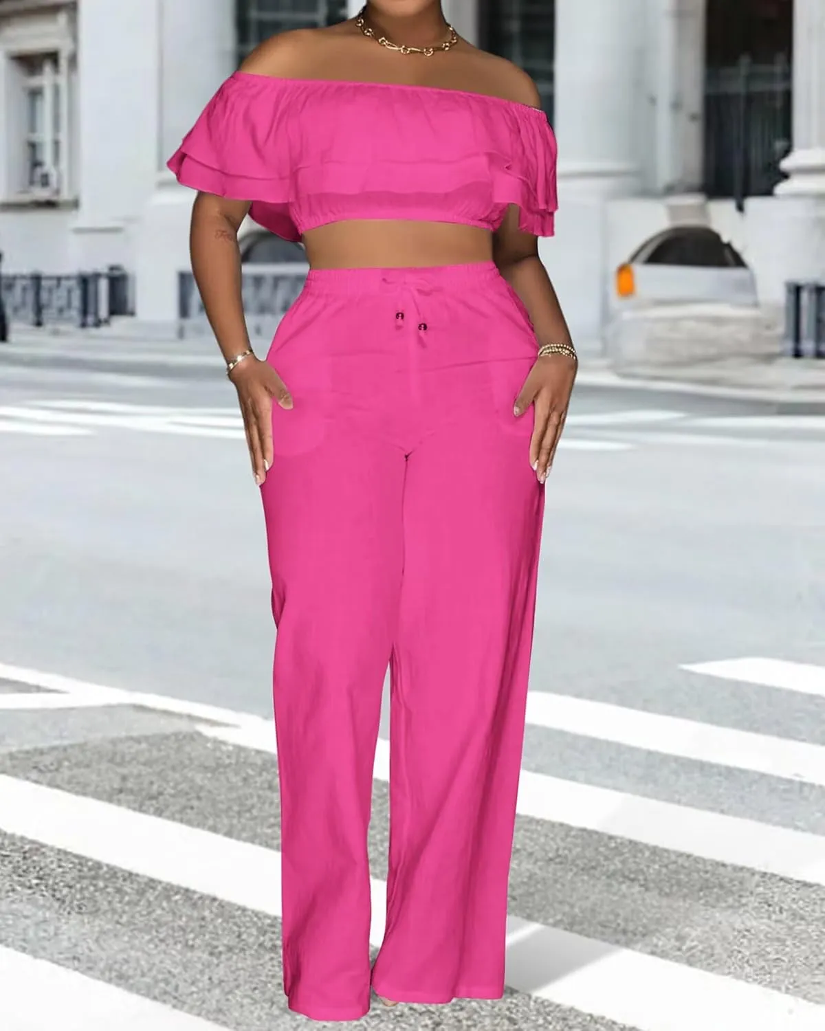 Adogirl 2 Piece Outfits For Women Off Shoulder Ruffle Trim Short Sleeve Top Wide Leg Pants Sets Sexy Outfits