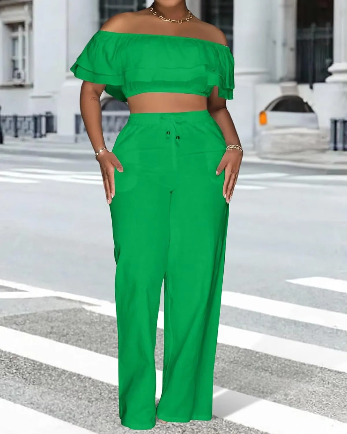 Adogirl 2 Piece Outfits For Women Off Shoulder Ruffle Trim Short Sleeve Top Wide Leg Pants Sets Sexy Outfits