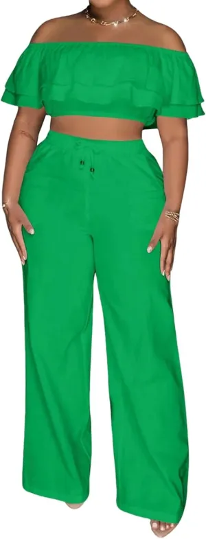 Adogirl 2 Piece Outfits For Women Off Shoulder Ruffle Trim Short Sleeve Top Wide Leg Pants Sets Sexy Outfits