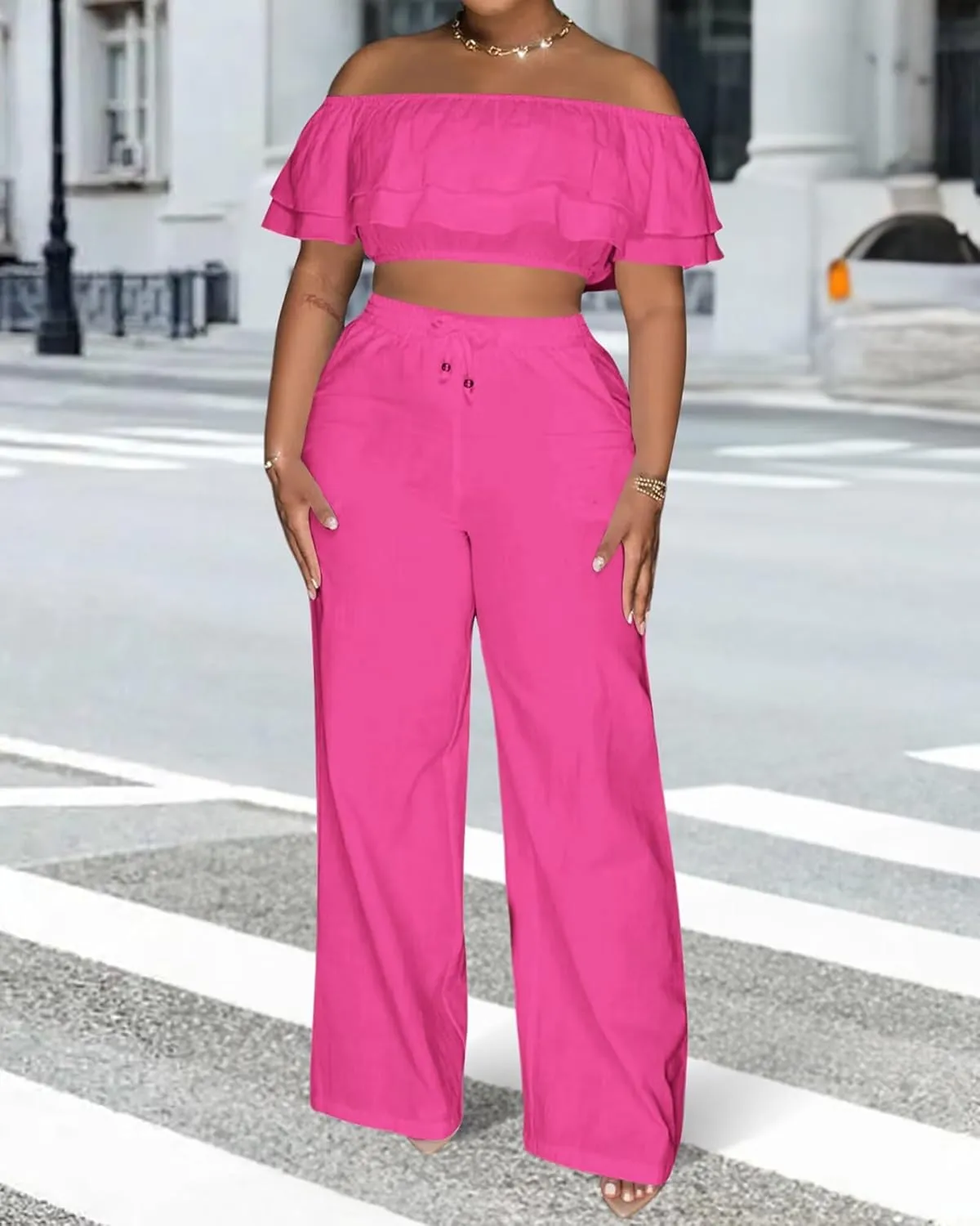 Adogirl 2 Piece Outfits For Women Off Shoulder Ruffle Trim Short Sleeve Top Wide Leg Pants Sets Sexy Outfits