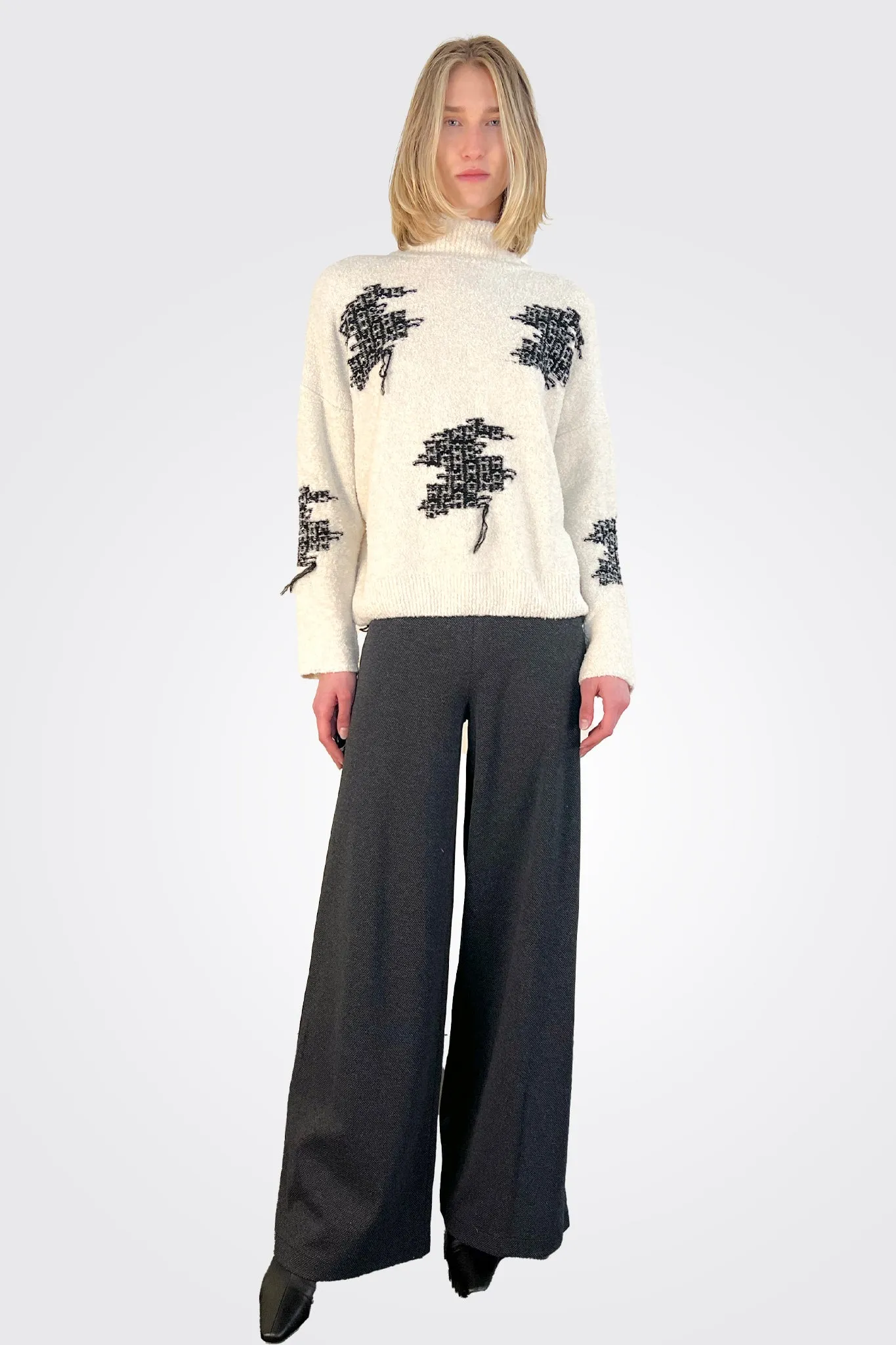 Bouclé High Neck Detail Sweater - Cream Multi