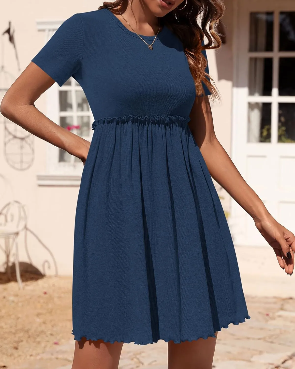 BTFBM Summer Dresses for Women 2025 Casual Spring Ribbed Knit Crewneck Short Sleeve Swing Vacation Beach Mini Dress