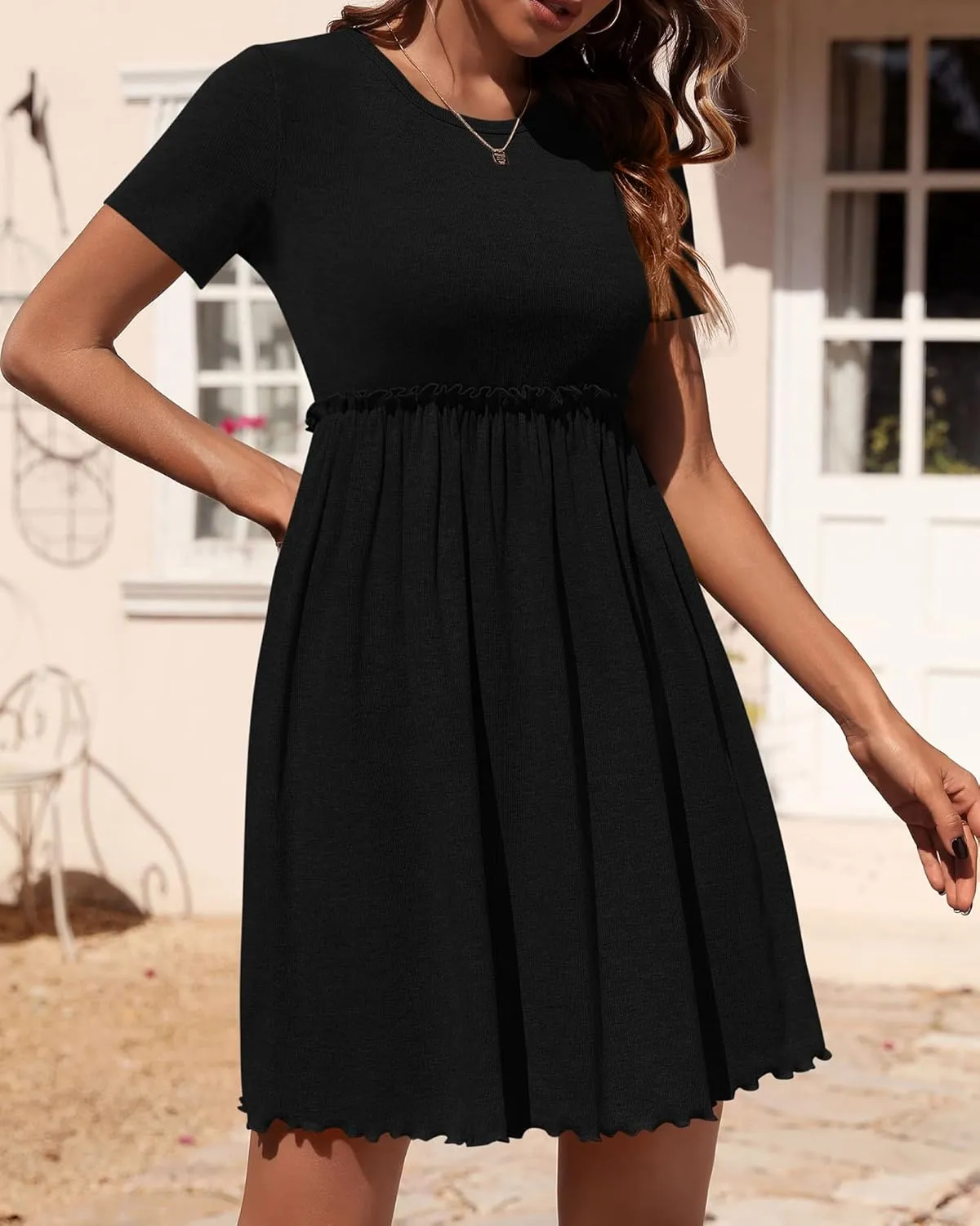 BTFBM Summer Dresses for Women 2025 Casual Spring Ribbed Knit Crewneck Short Sleeve Swing Vacation Beach Mini Dress
