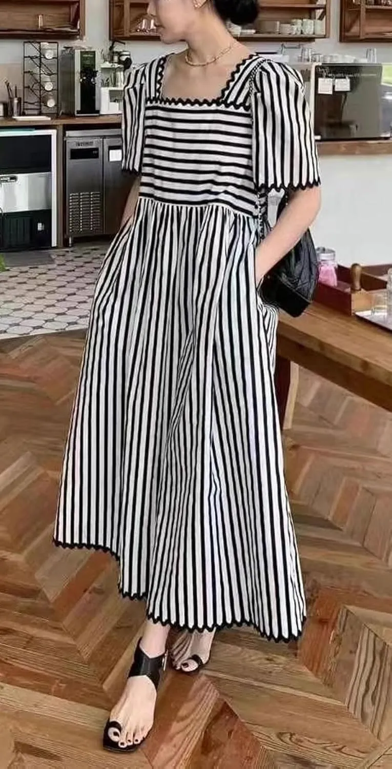 CHARTOU Women Summer Striped Dress Puff Sleeve Contrast Trim Beach Vacation Midi Dress with Pockets