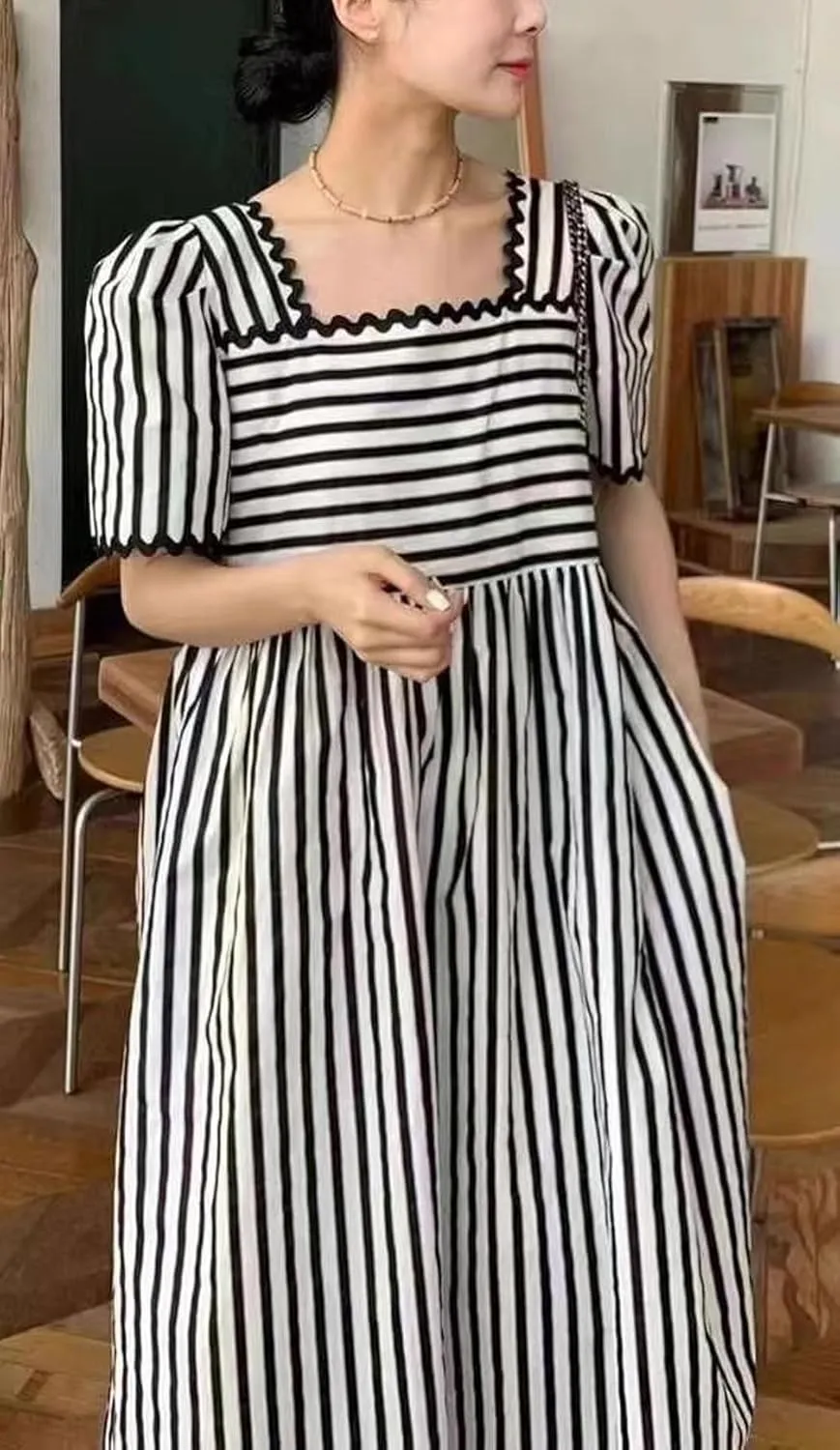 CHARTOU Women Summer Striped Dress Puff Sleeve Contrast Trim Beach Vacation Midi Dress with Pockets