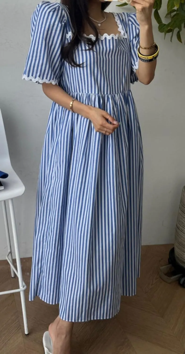 CHARTOU Women Summer Striped Dress Puff Sleeve Contrast Trim Beach Vacation Midi Dress with Pockets