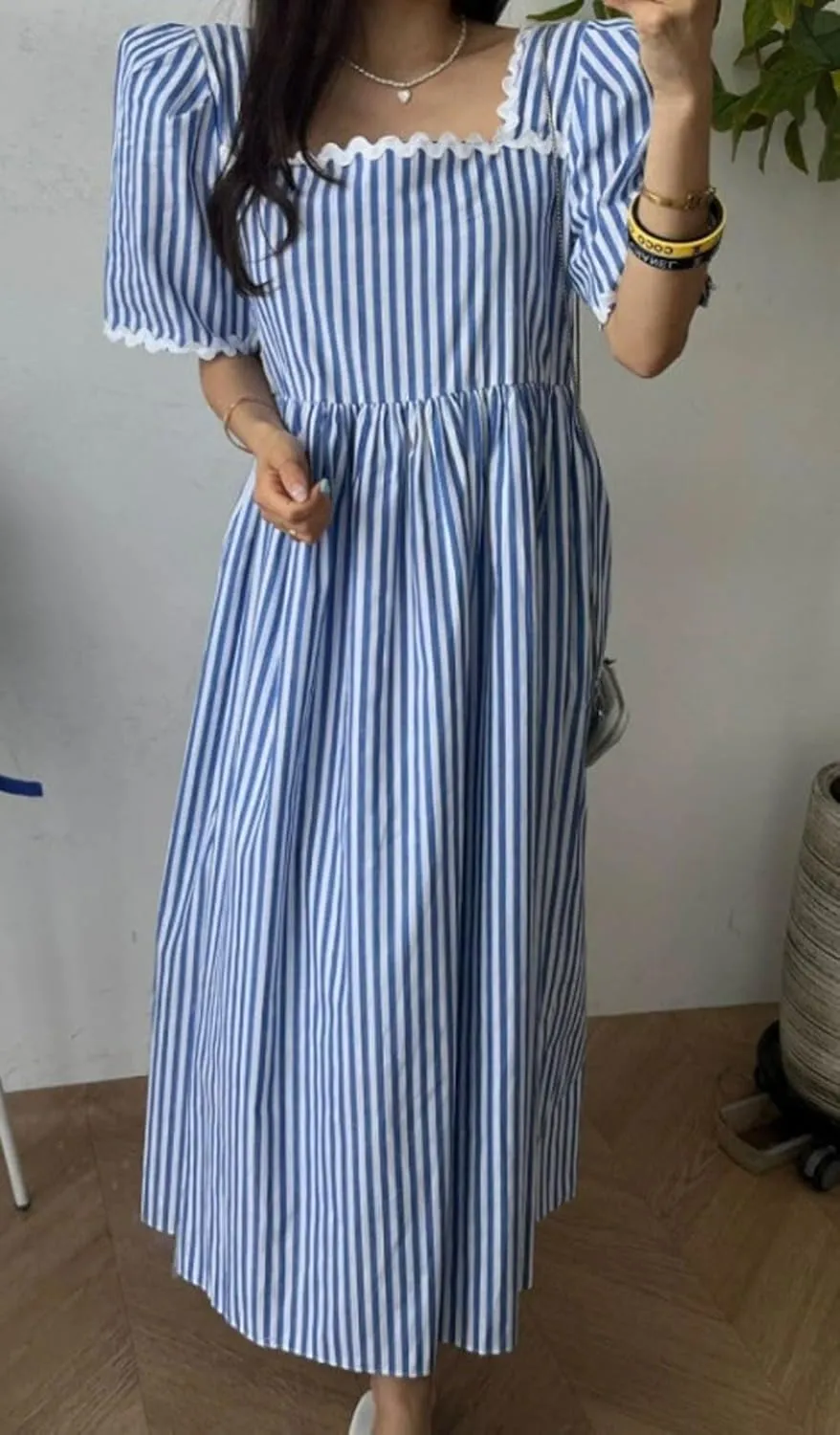 CHARTOU Women Summer Striped Dress Puff Sleeve Contrast Trim Beach Vacation Midi Dress with Pockets
