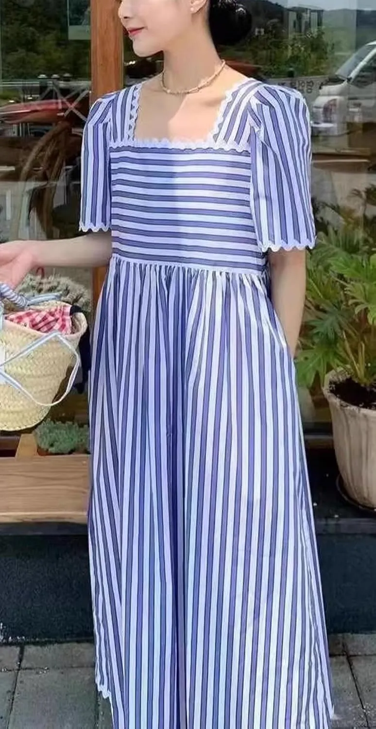 CHARTOU Women Summer Striped Dress Puff Sleeve Contrast Trim Beach Vacation Midi Dress with Pockets