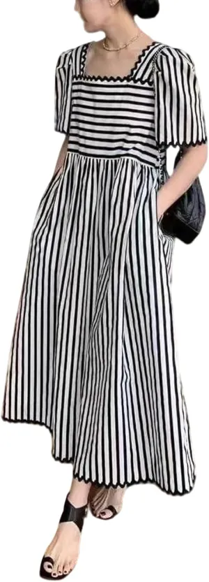 CHARTOU Women Summer Striped Dress Puff Sleeve Contrast Trim Beach Vacation Midi Dress with Pockets
