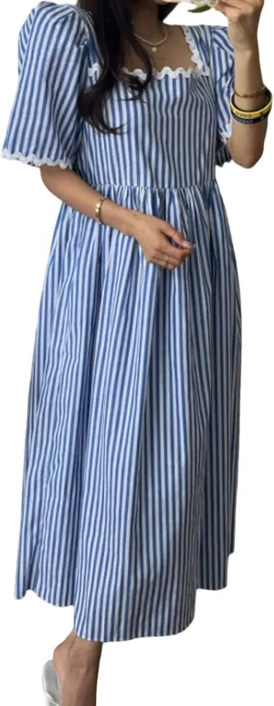 CHARTOU Women Summer Striped Dress Puff Sleeve Contrast Trim Beach Vacation Midi Dress with Pockets