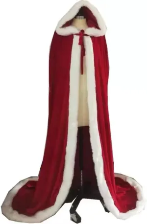 Classic Red Christmas Hooded Cape Mrs Claus Outfit with White Fluffy Trim Velvet Santa Claus Cloak