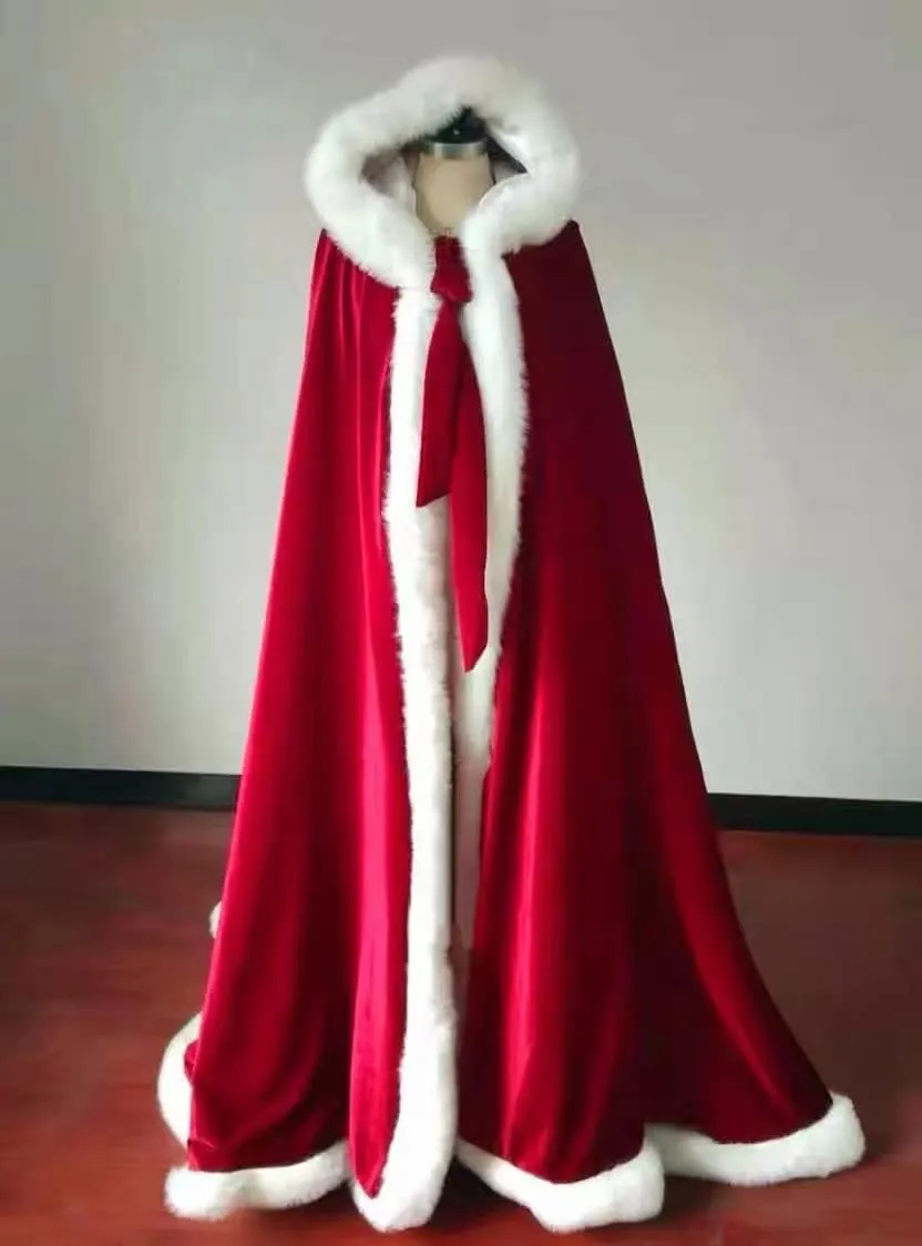 Classic Red Christmas Hooded Cape Mrs Claus Outfit with White Fluffy Trim Velvet Santa Claus Cloak