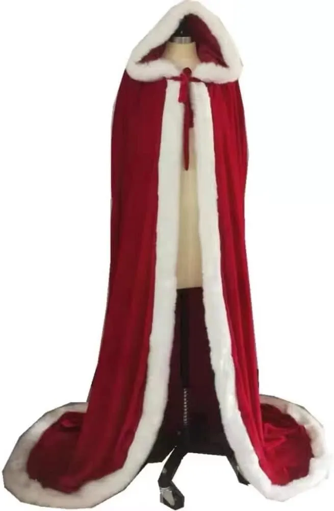 Classic Red Christmas Hooded Cape Mrs Claus Outfit with White Fluffy Trim Velvet Santa Claus Cloak