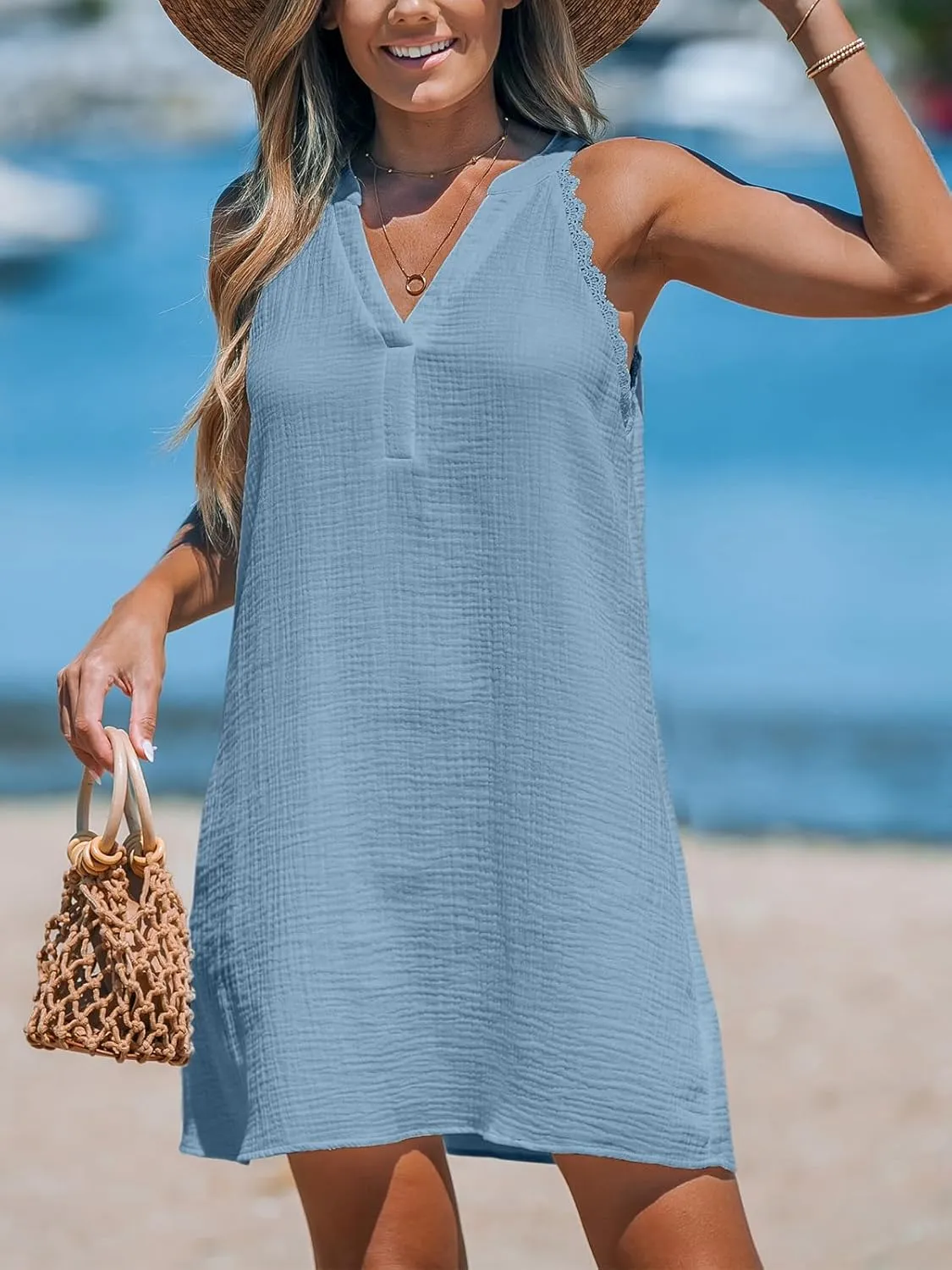 CUPSHE Women Swimsuit Coverup V Neck Sleeveless Beach Cover Ups Dress Lace Trim Vacation Outfits for 2025