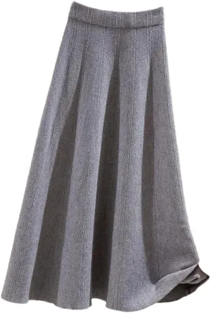 DBFBDTU Women's Autumn Thick Large Swing Knitted Long Skirt Pleated Skirt High Waist A-Line Midi Skirt