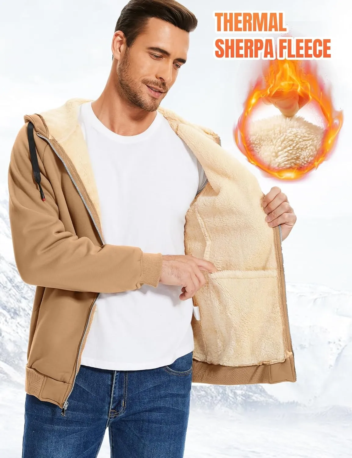 Flygo Fleece Hoodie for Men Warm Full Zip Sherpa Lined Sweatshirt Winter Jacket