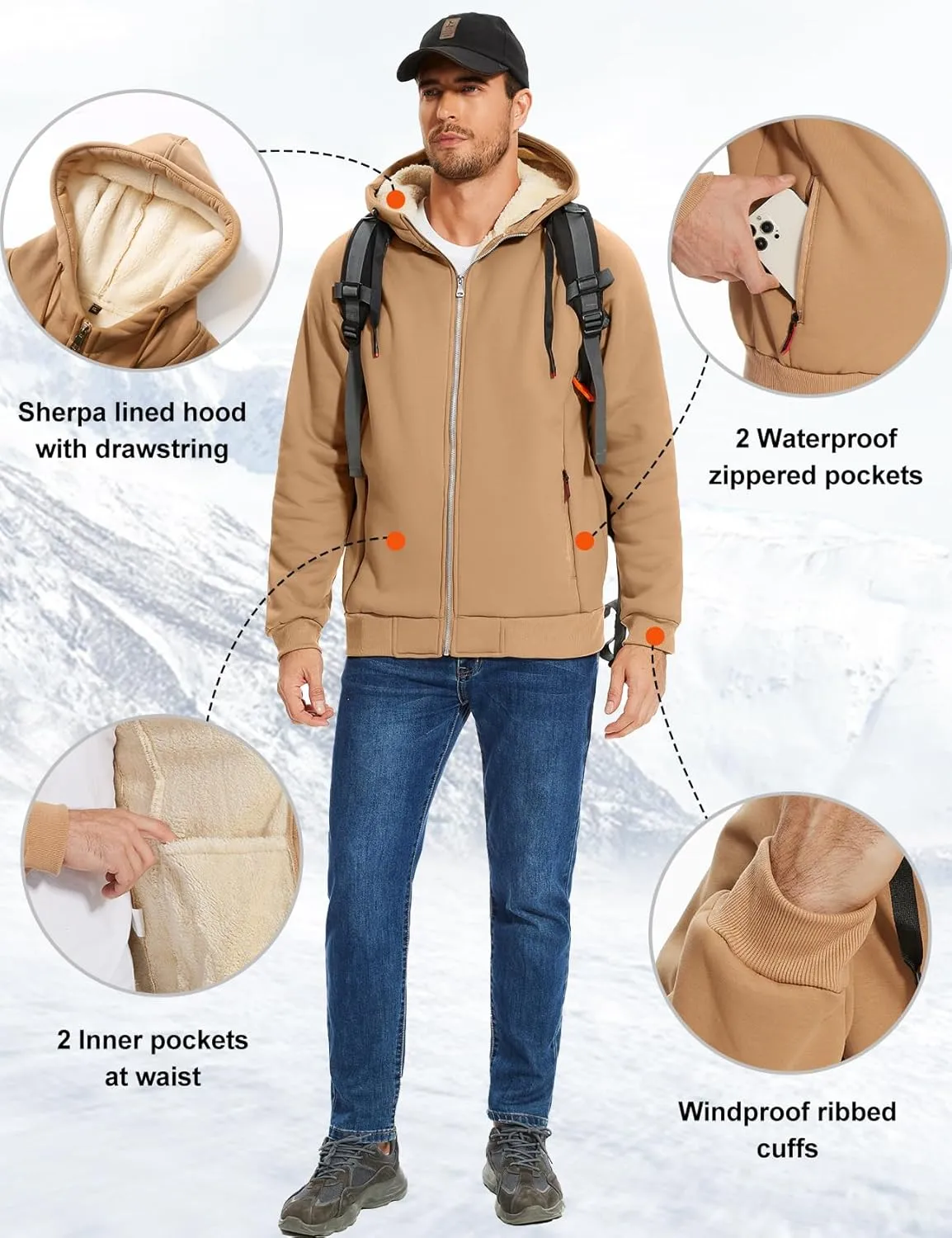 Flygo Fleece Hoodie for Men Warm Full Zip Sherpa Lined Sweatshirt Winter Jacket
