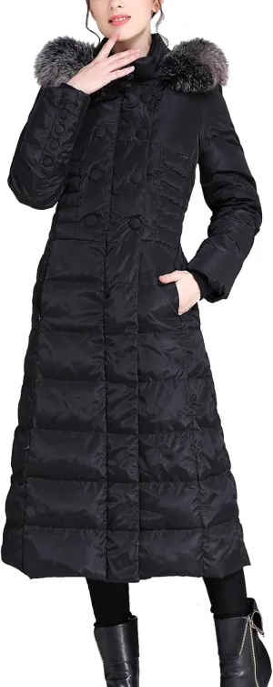 Flygo Women's Winter Warm Fur Hooded Maxi Long Down Jacket Parka Puffer Coat
