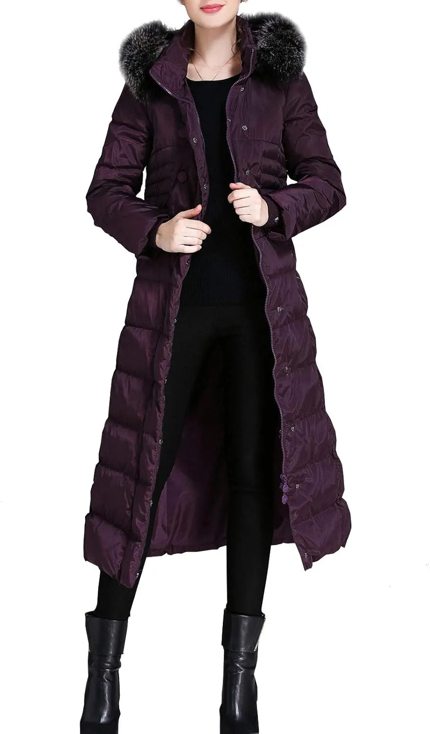 Flygo Women's Winter Warm Fur Hooded Maxi Long Down Jacket Parka Puffer Coat