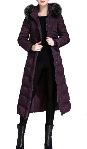Flygo Women's Winter Warm Fur Hooded Maxi Long Down Jacket Parka Puffer Coat
